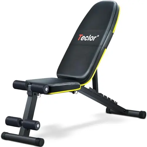 Teclor foldable adjustable weight bench in yellow and black