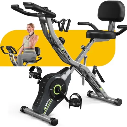 Goimu foldable exercise bike in dark grey with multiple workout positions